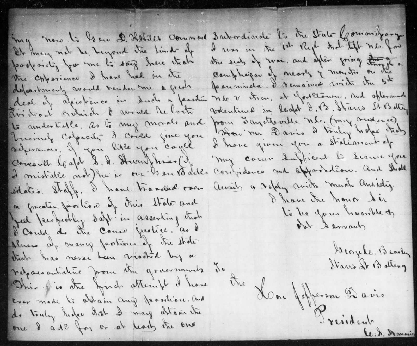 A Letter To Jefferson Davis From George C Beasley April 21 1862 NC