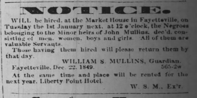 Enslaved People for Hire/Rent at the Market House on January 1, 1850