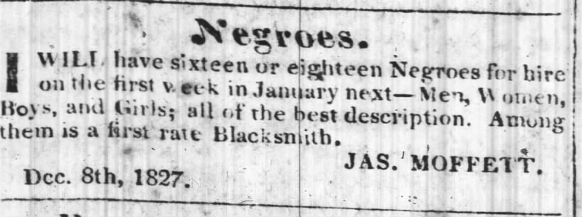 An Advertisement of 16 to 18 Enslaved Black People for Hire/Rent for the New Year