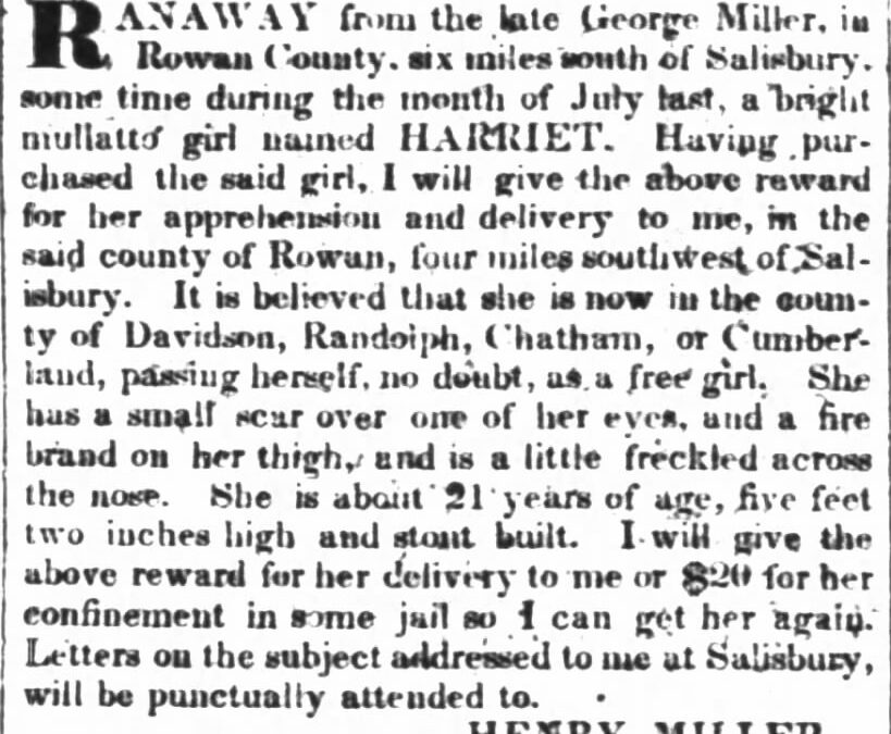 Reward for Harriet of Rowan County